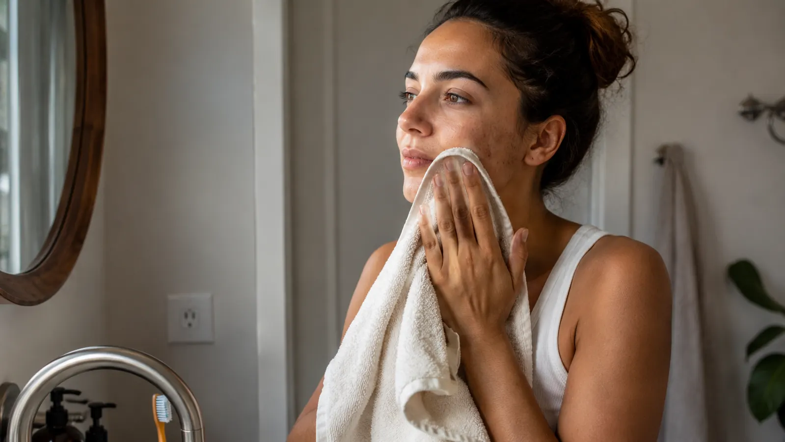 Person patting their face dry with a towel after washing, calm and matte-looking skin