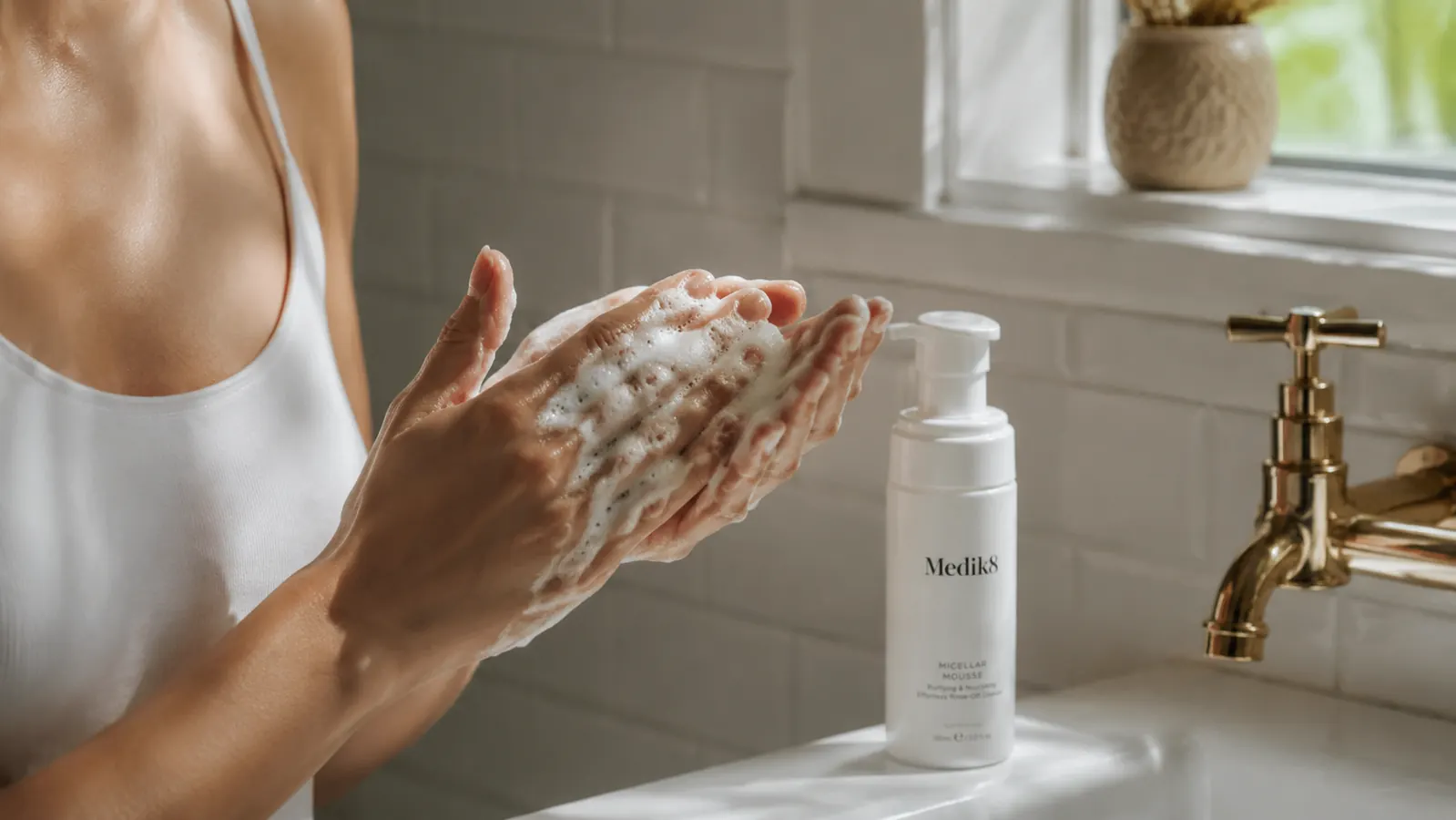 Close-up of a foaming facial cleanser lathered in cupped hands under running water in a bright bathroom