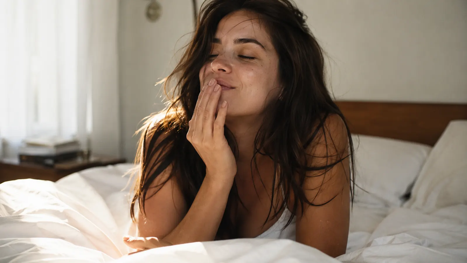 Woman waking up and touching her lips, morning light through a window