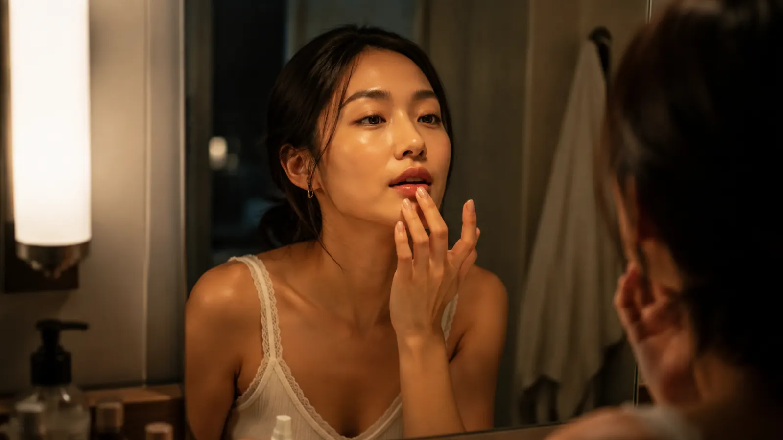 Close-up of a woman applying a glossy lip mask before bed, soft warm nightstand lighting