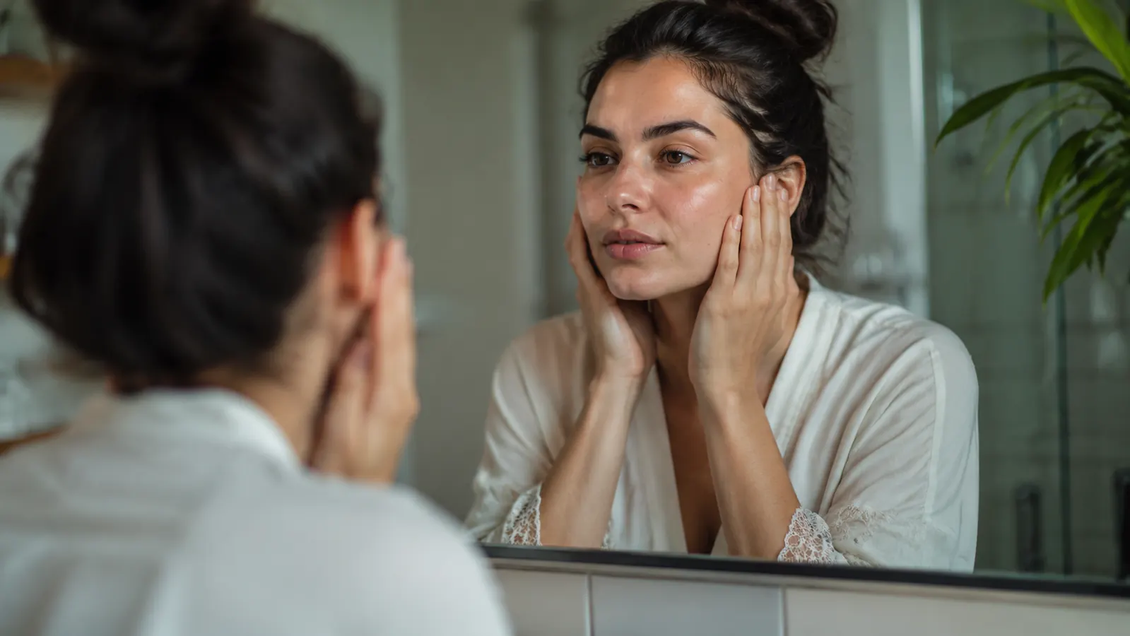 Person waking up and checking their skin in a mirror, calm expression, no visible irritation
