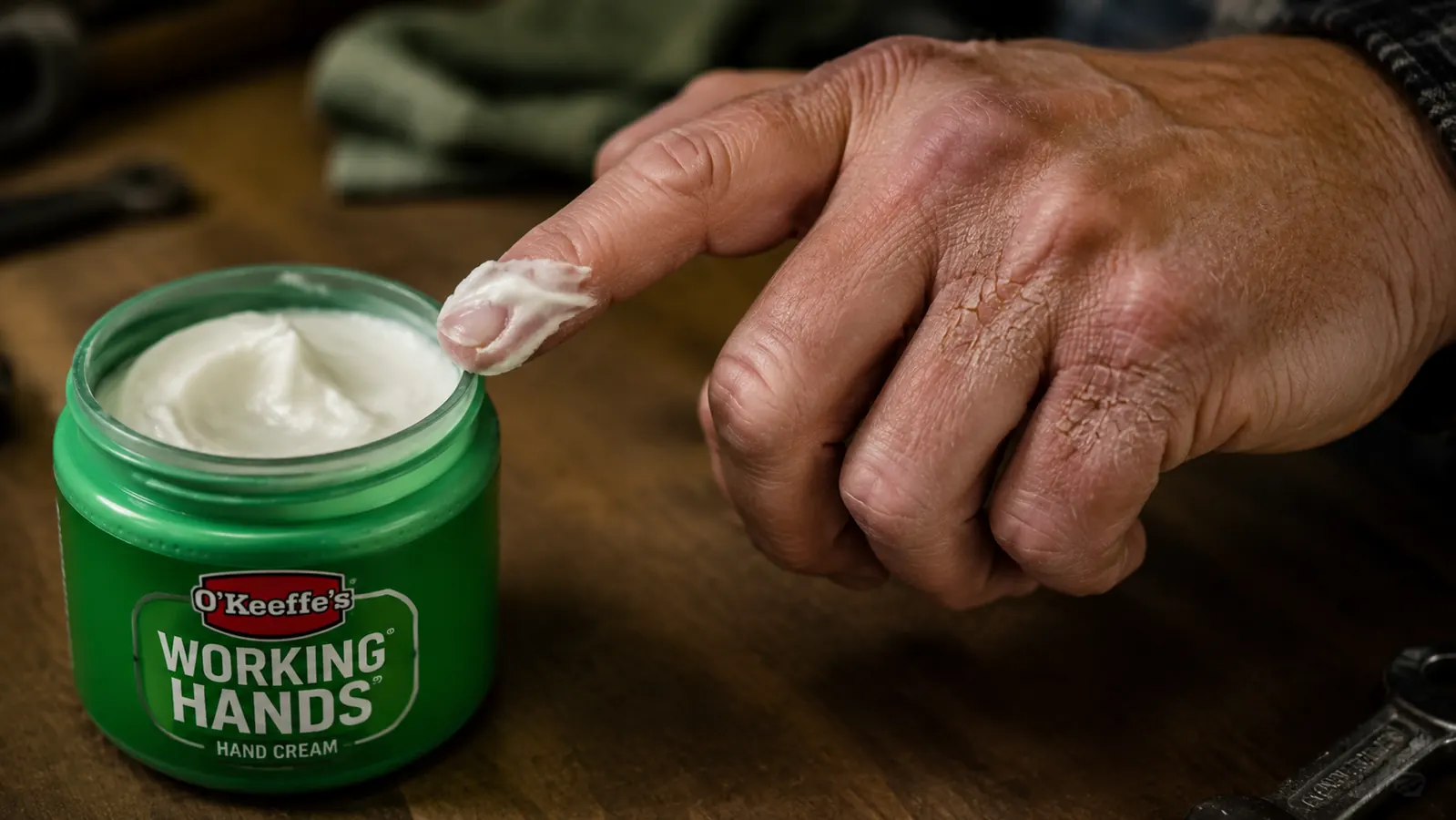 Hand scooping a small amount of thick hand cream from a jar to apply to dry knuckles