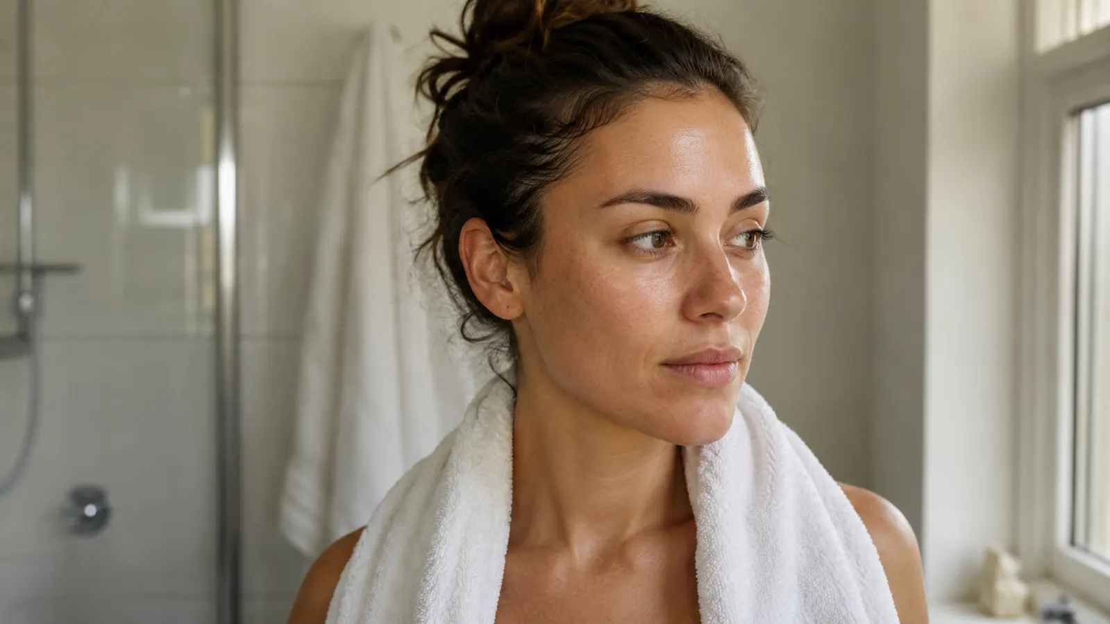 Woman with a fresh, matte complexion looking in a bathroom mirror in soft morning light