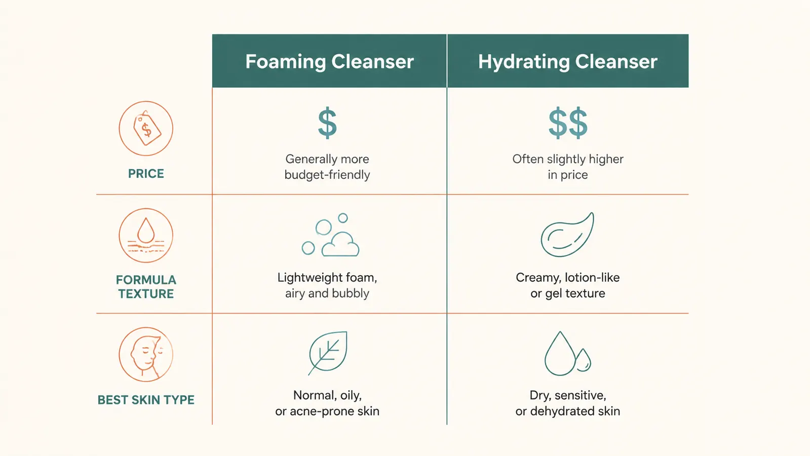 Side-by-side comparison chart of CeraVe Foaming Cleanser versus CeraVe Hydrating Cleanser across price, formula type, and best skin type