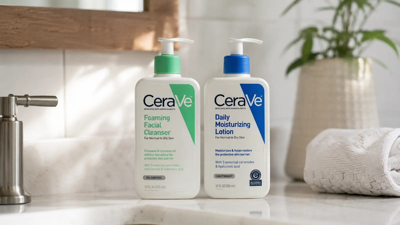 Two CeraVe cleanser bottles, one foaming and one hydrating, side by side on a bathroom counter