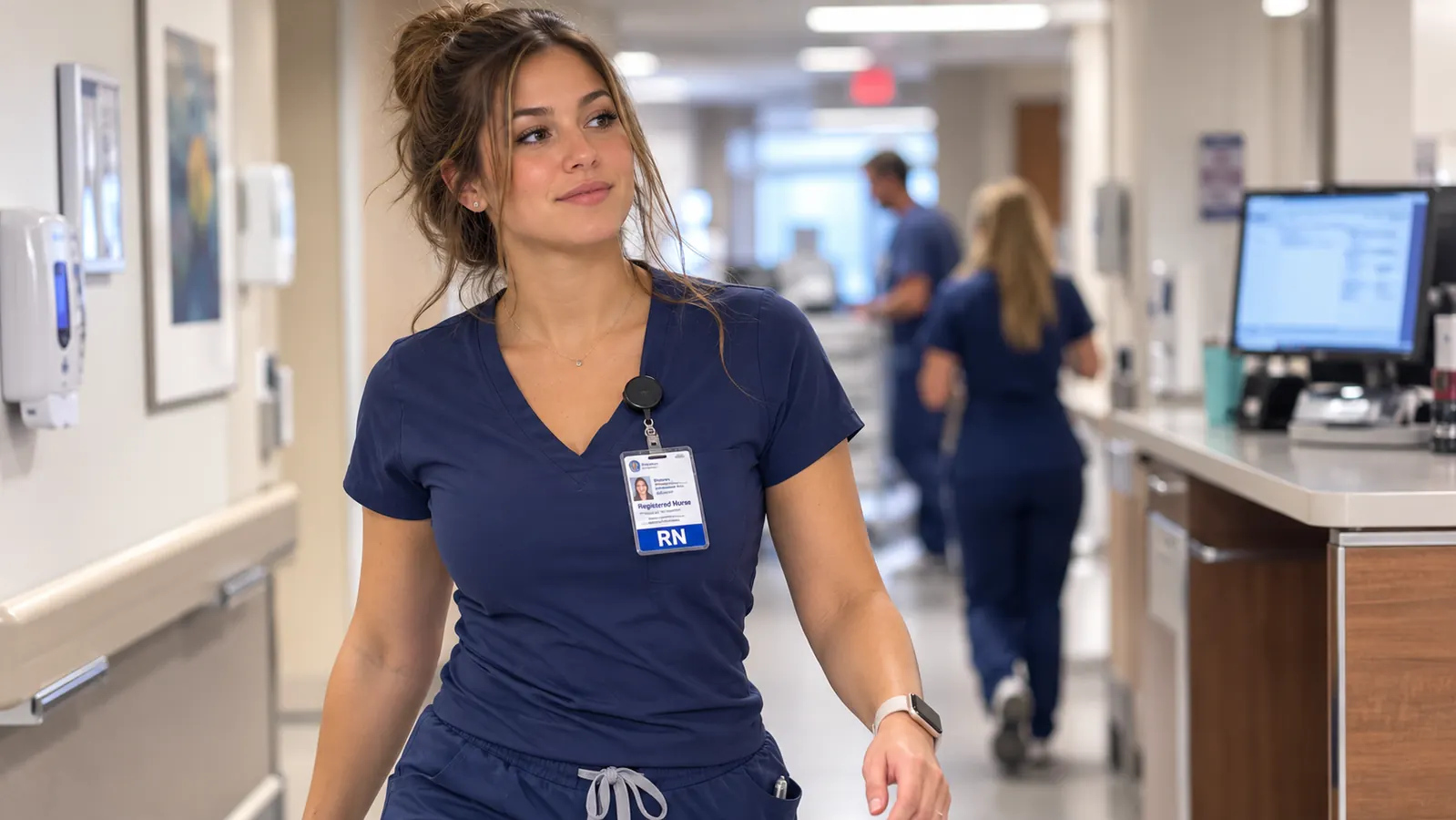 Woman in short-sleeve scrubs walking through a bright hospital hallway, smooth healthy-looking arms visible
