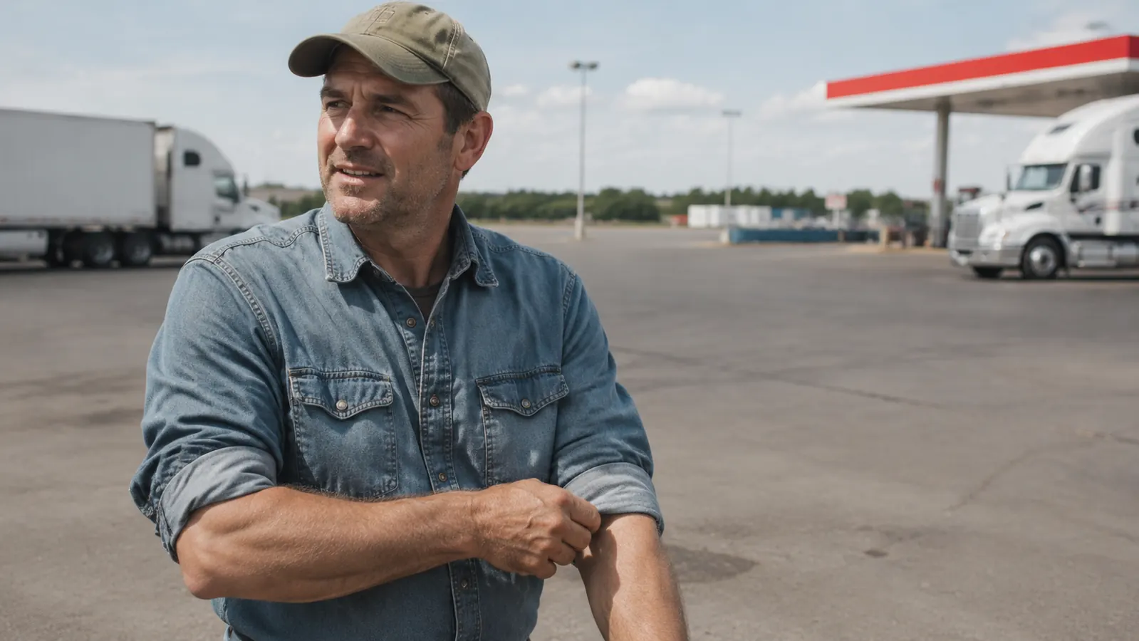 Man rolling up his short sleeves without hesitation, standing in a parking lot in daylight