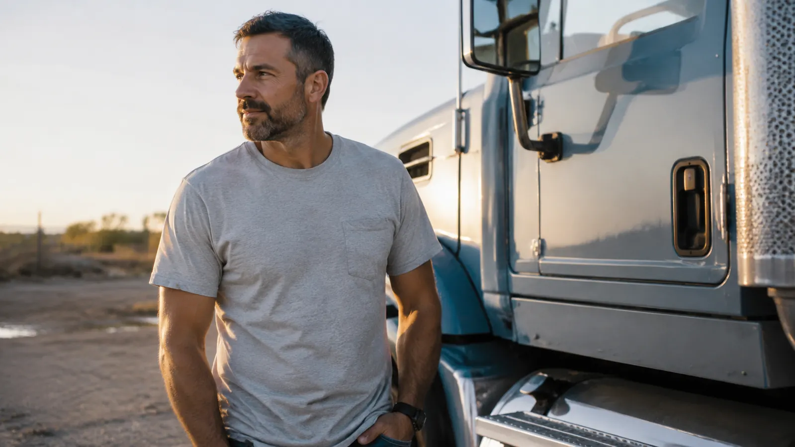 Man in a t-shirt with smooth, healthy-looking arms standing outside a truck cab in morning light