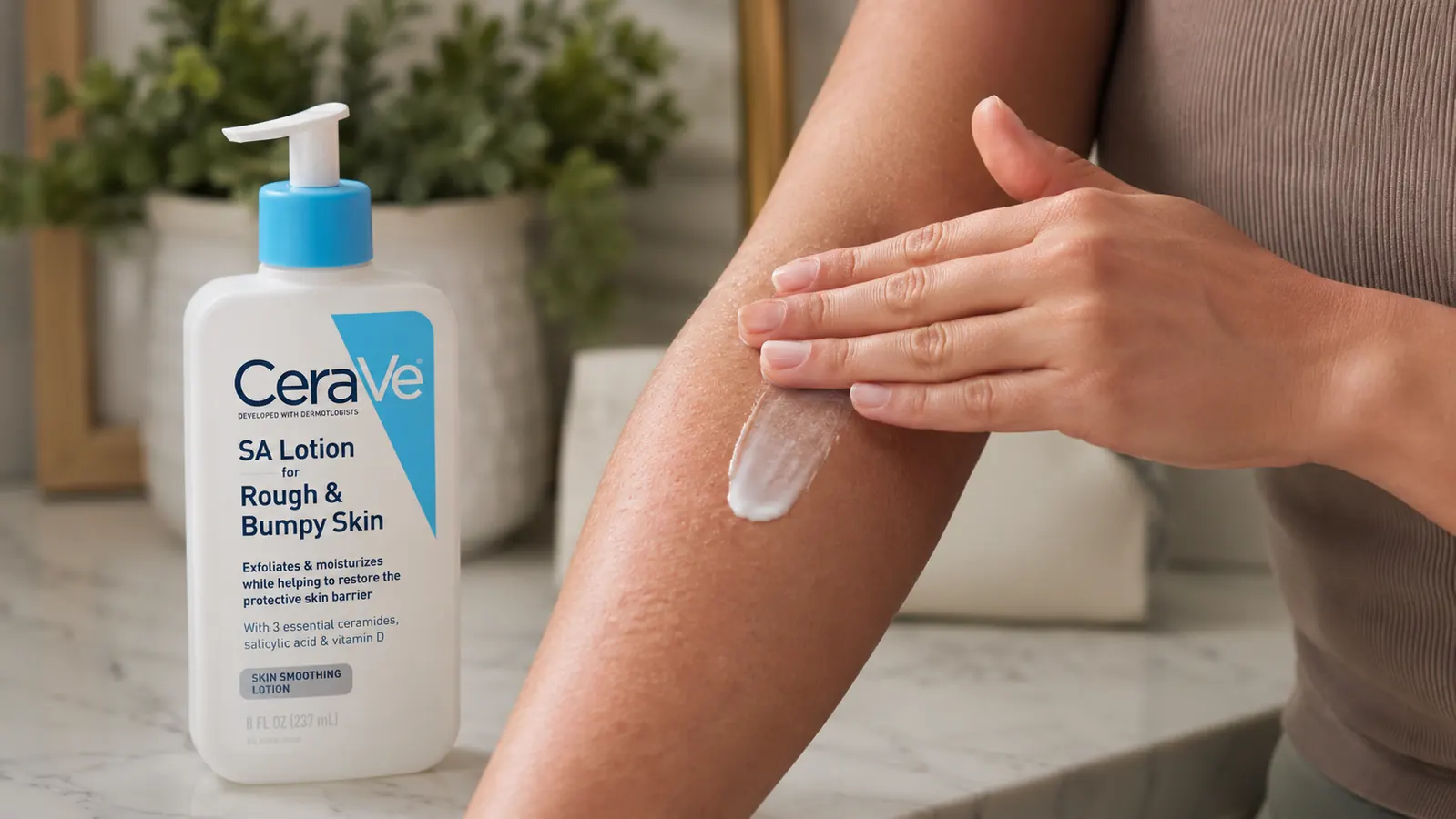 Hand applying CeraVe SA Lotion to the back of a forearm with visible rough, bumpy texture