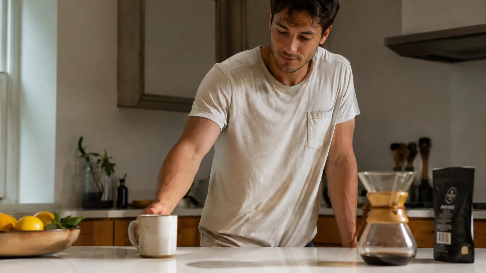 Person in short sleeves reaching for a coffee mug, smooth arms visible in soft daylight