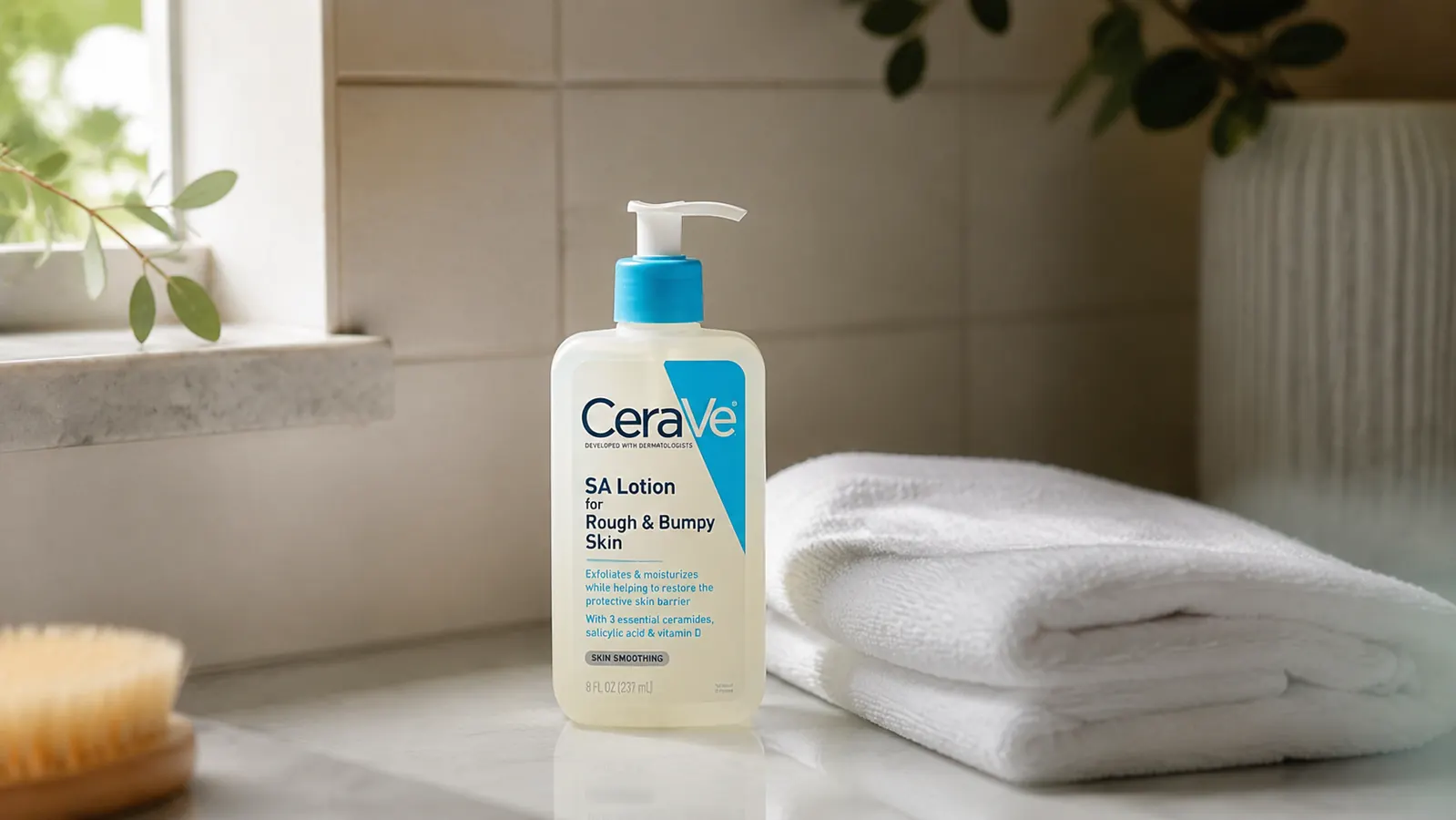 CeraVe SA Lotion pump bottle standing on a bathroom counter next to a folded towel, soft morning light