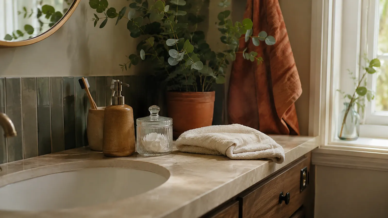 A bright bathroom counter with everyday skincare products arranged in warm morning light