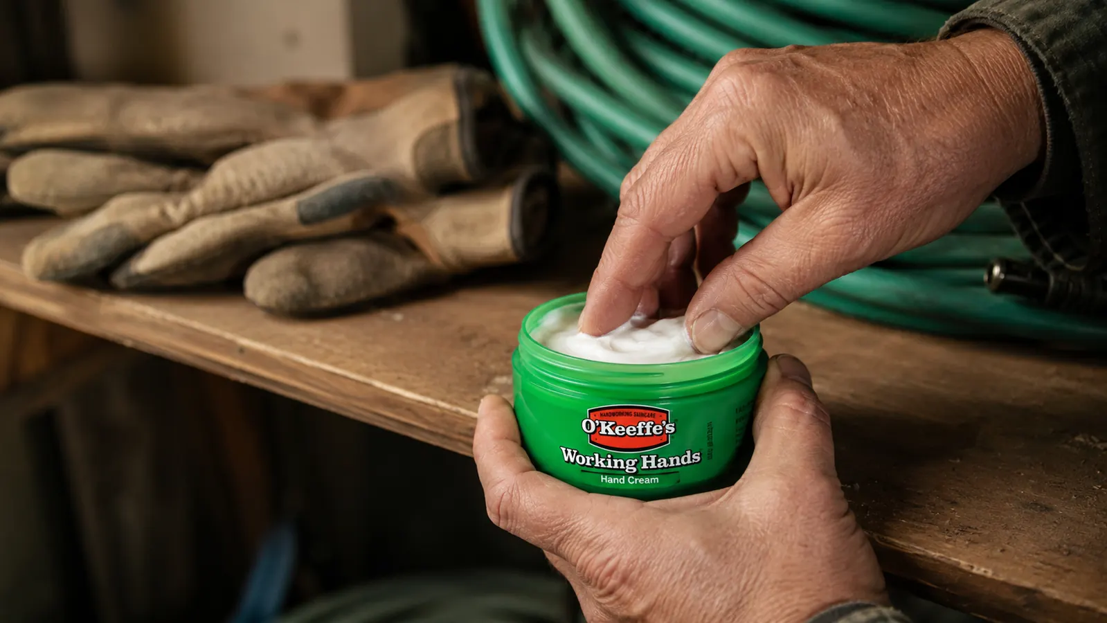 Hand scooping thick white cream from an open jar of O'Keeffe's Working Hands