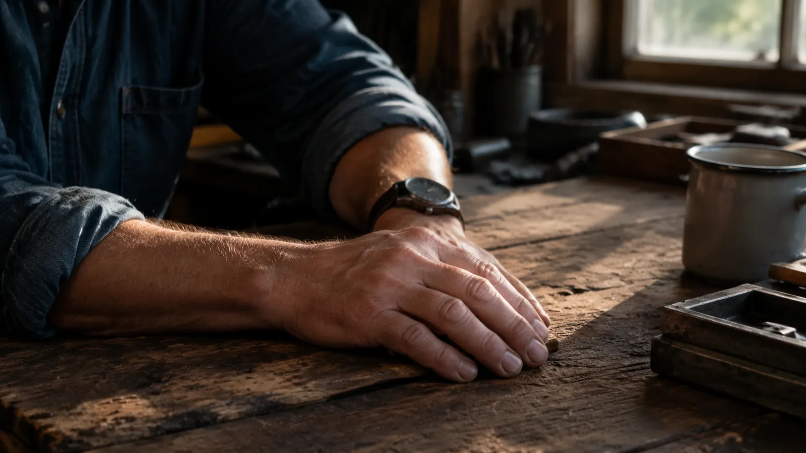 Close-up of weathered, work-worn hands resting on a wooden workbench, skin looking healed and smooth