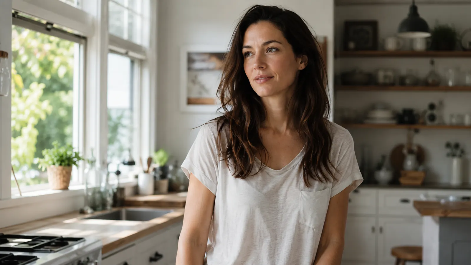 Woman in a short-sleeve shirt with smooth, even-textured arms standing in a sunlit kitchen