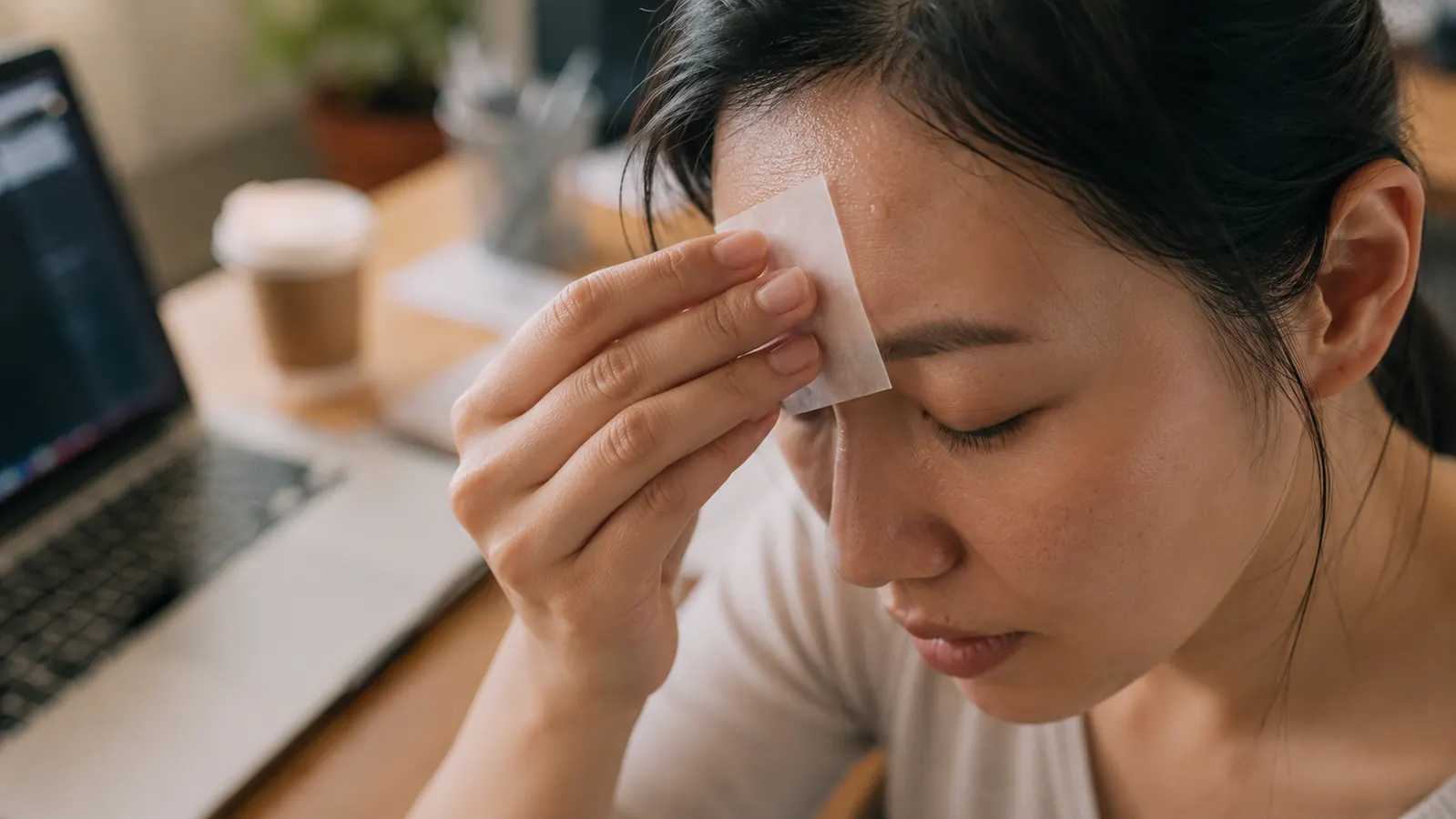Blotting paper being pressed against a forehead midday, office desk visible in the background