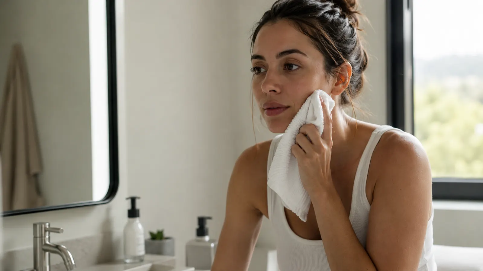 Woman patting her face dry with a clean towel at the bathroom sink, morning light coming through the window