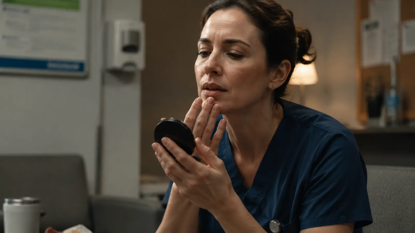 Woman in scrubs checking her lips in a small mirror during a work break