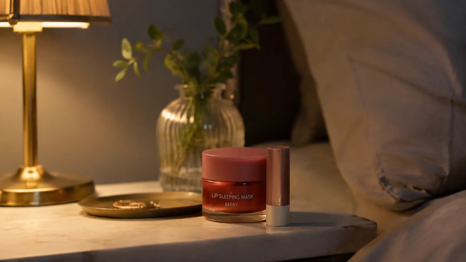Laneige Lip Sleeping Mask jar next to a small tube of Aquaphor Lip Repair on a bathroom counter at night