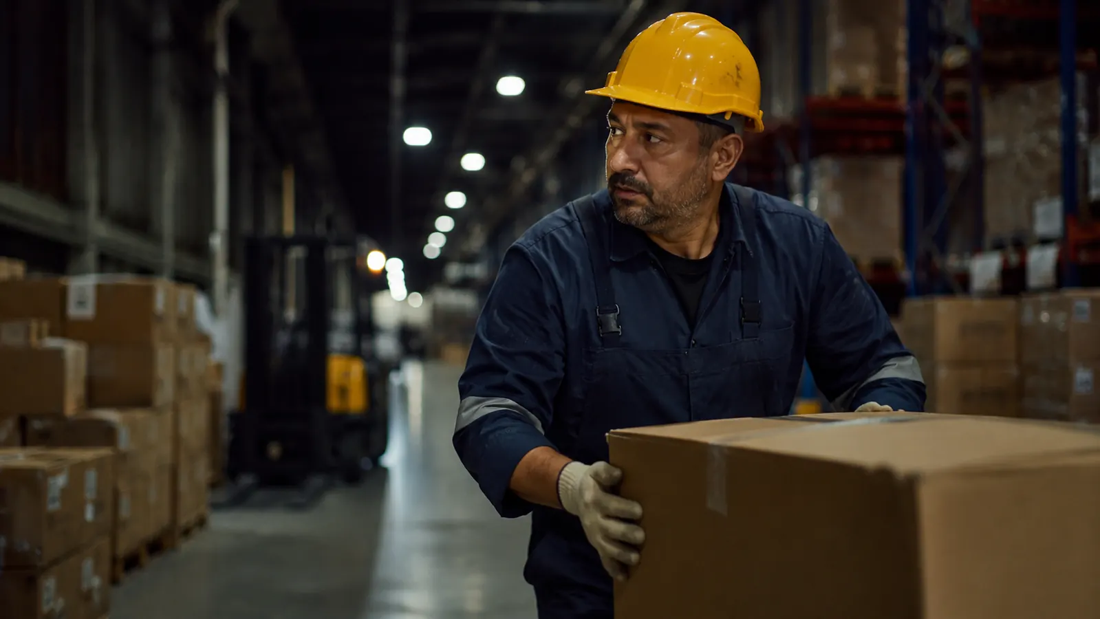 Man loading boxes on a warehouse floor at night wearing a hard hat and safety glasses