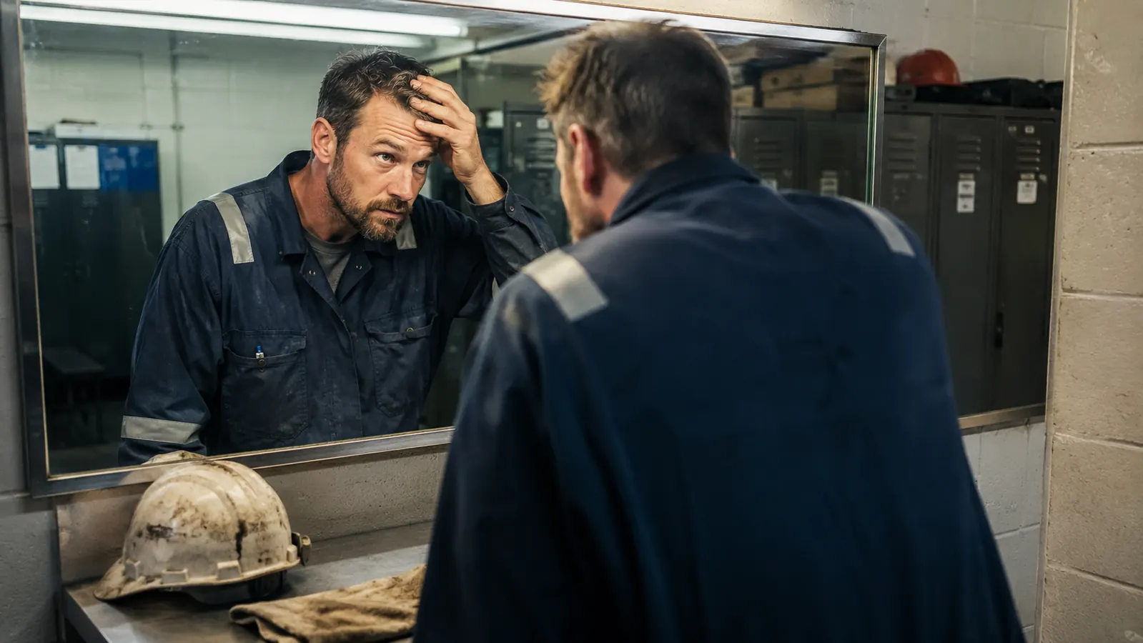 Man in his mid-30s in a warehouse break room checking his forehead in a small mirror during a night shift