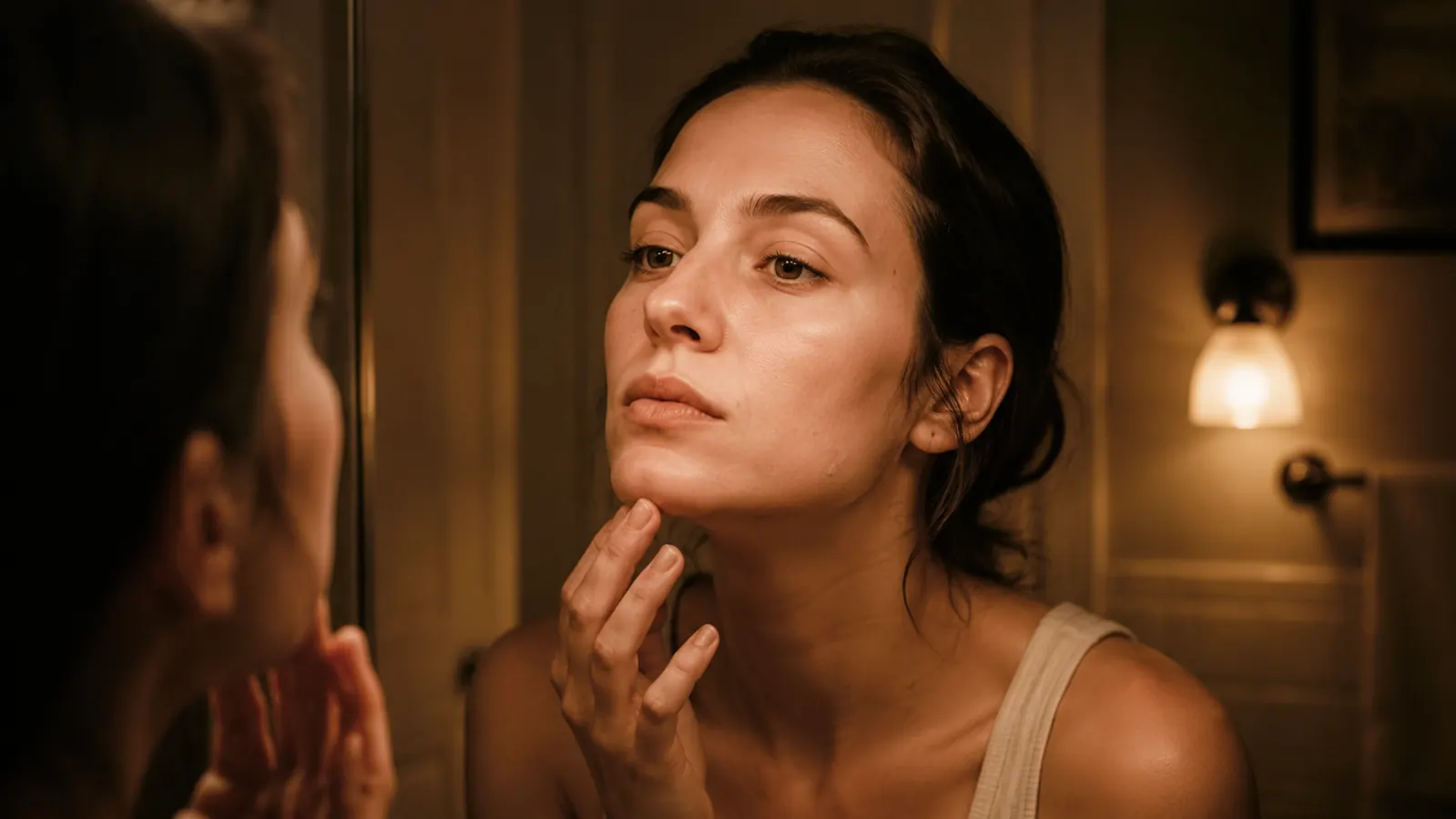 Woman in her early 30s checking her chin in a bathroom mirror with a small clear patch visible near her jaw