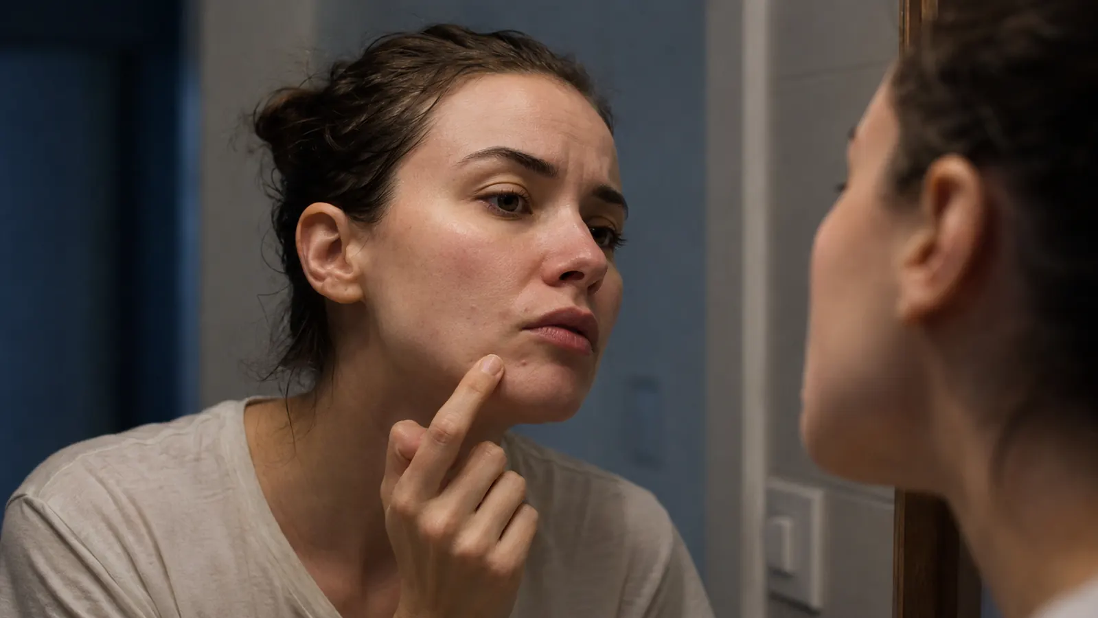 Woman leaning close to a bathroom mirror at night, examining a red bump on her jawline under warm light