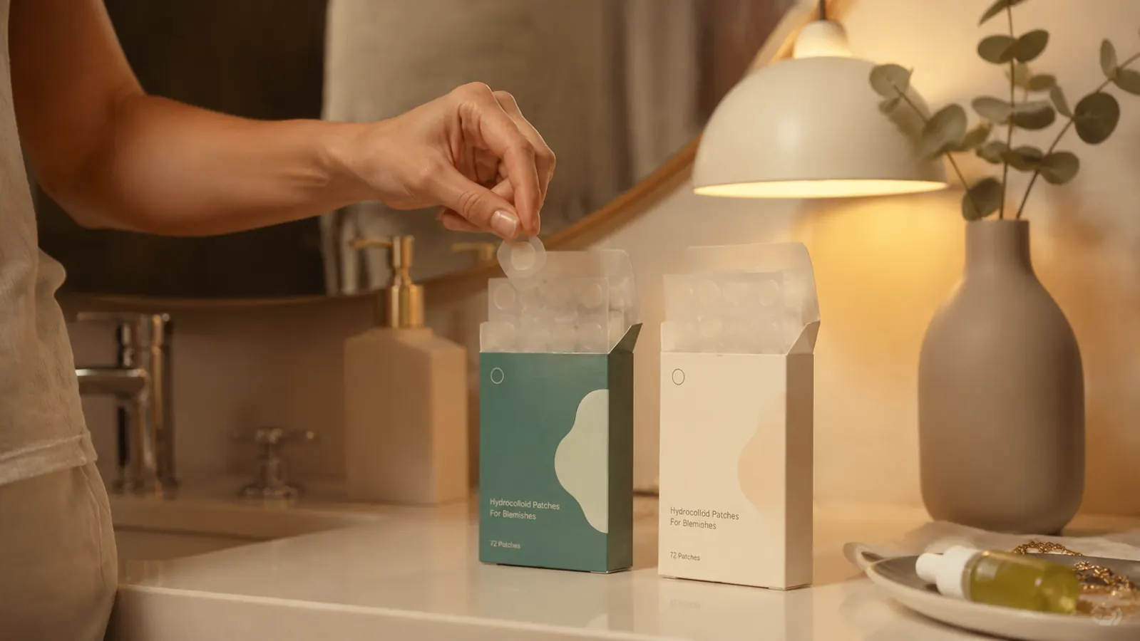 Two open boxes of hydrocolloid acne patches side by side on a bathroom counter under warm evening light