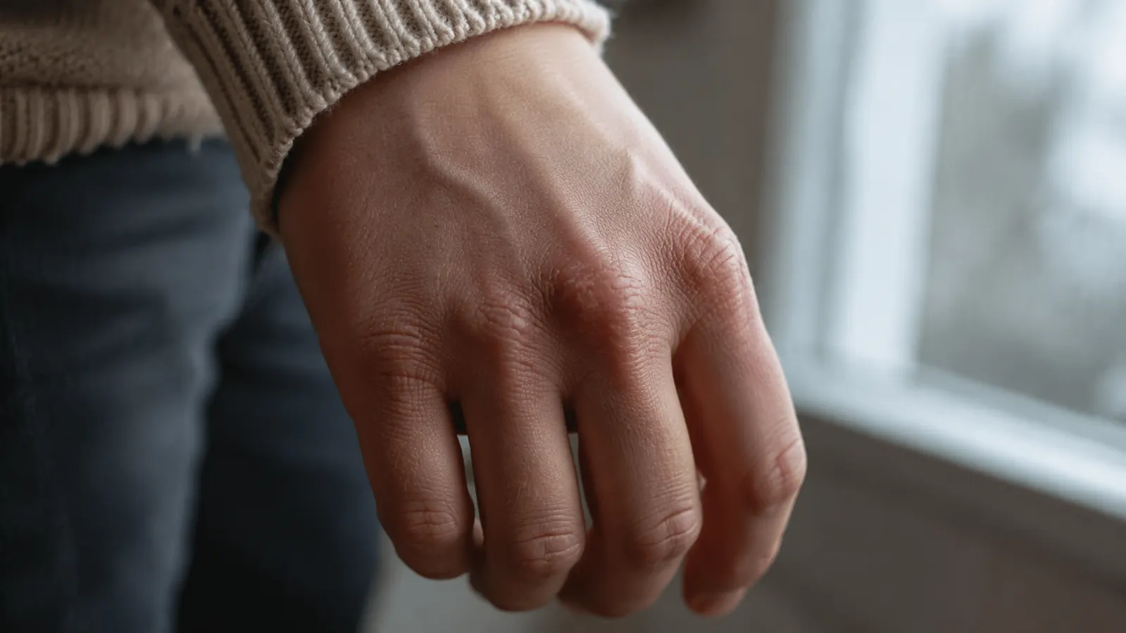 Close-up of cracked, dry knuckles on a hand resting near a cold windowsill in winter light