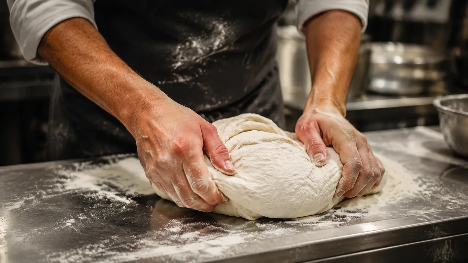 Close-up of flour-dusted hands kneading dough on a stainless steel bakery counter