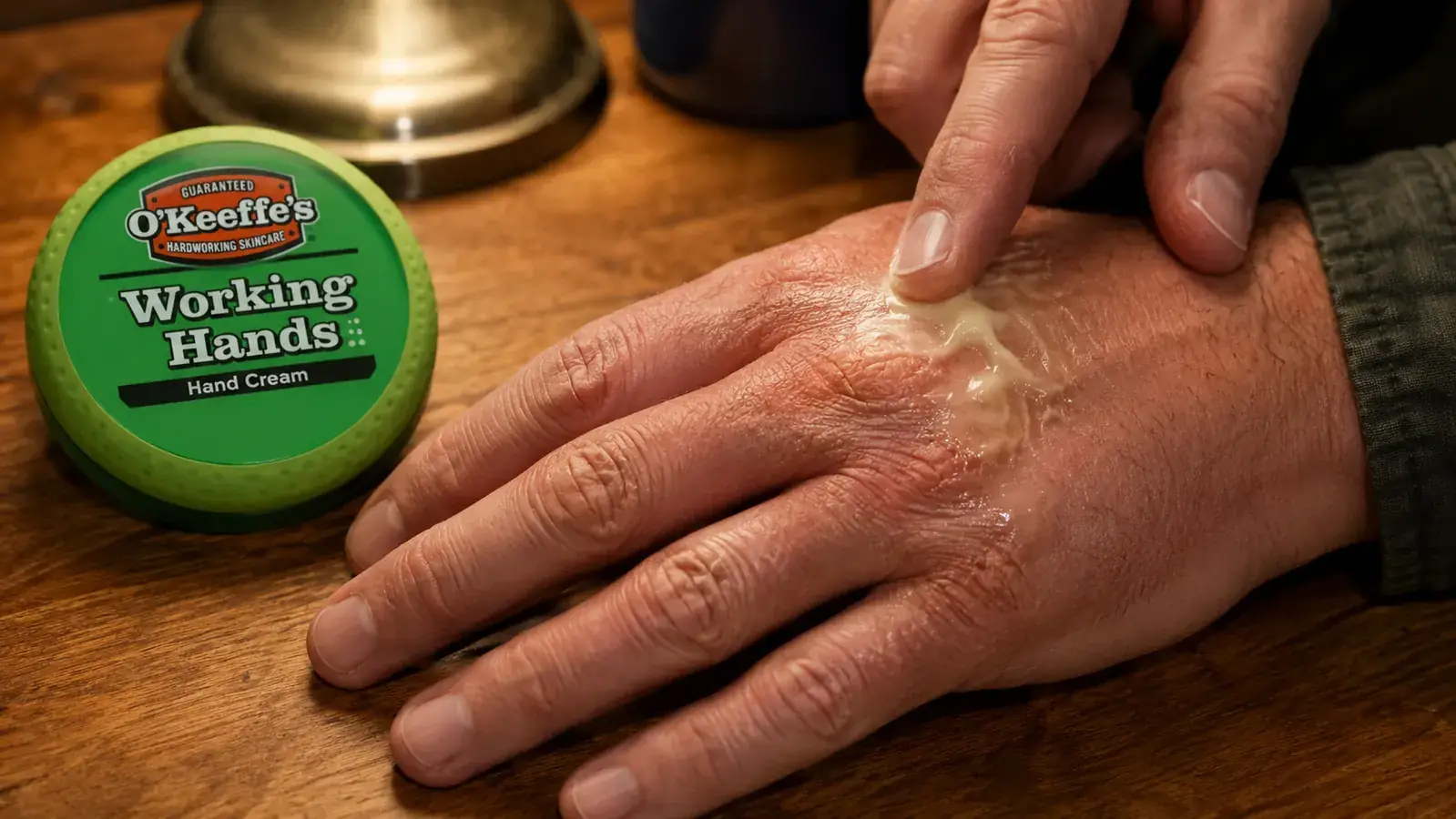 Close-up of a hand working a thick balm into cracked, work-worn knuckles